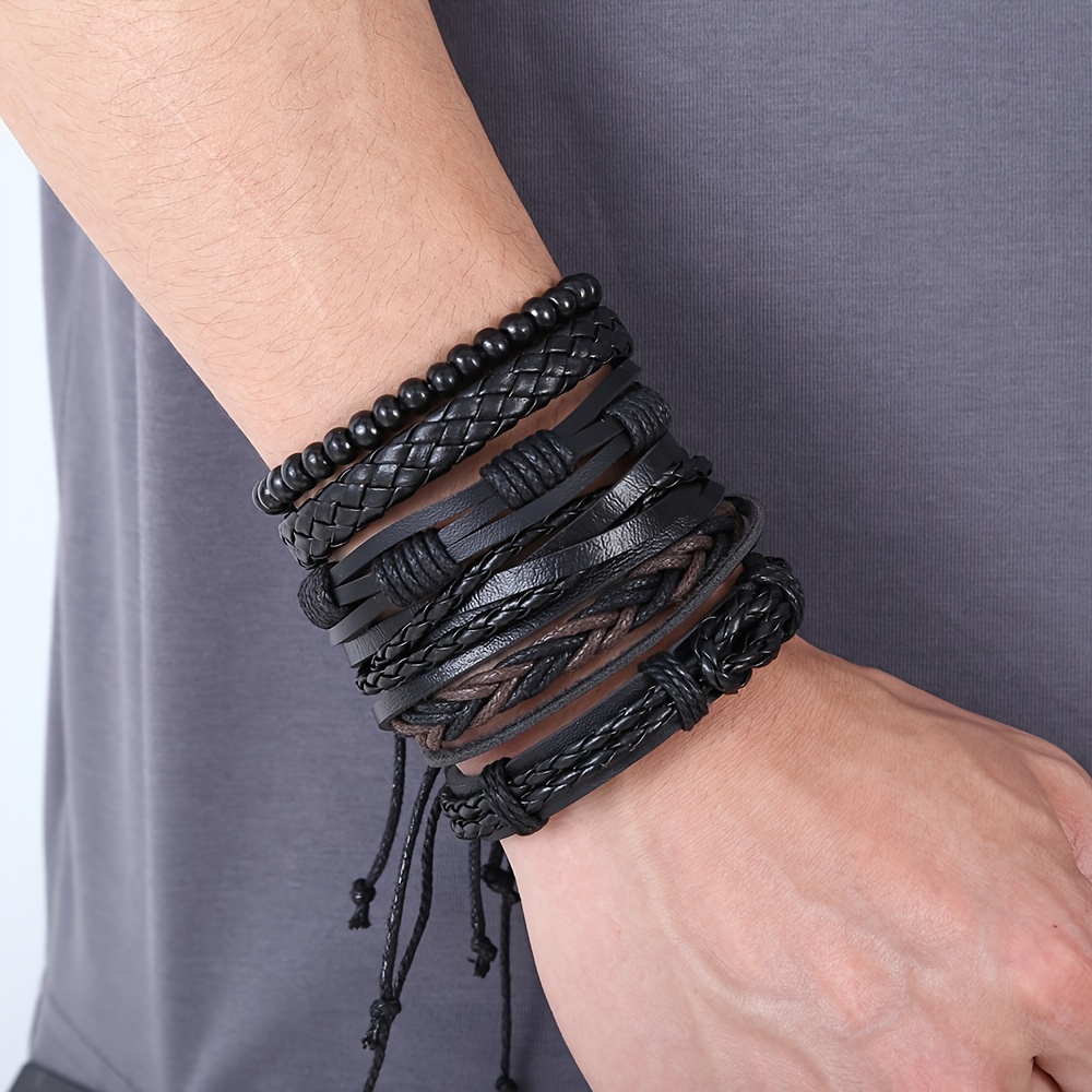 6pcs Vintage Faux Leather Braided Wristbands Set for Men